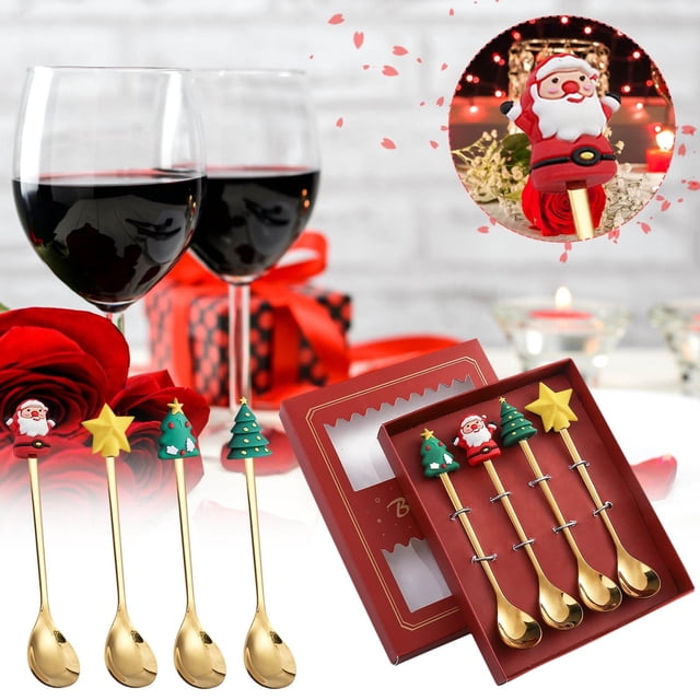 Oleegame 1PC Stainless Steel Cutlery Set Christmas Tableware Set Stainless Steel Spoon Gift Set Dessert Spoon Fork Coffee Spoon Christmas Pendant Spoon Tableware Set Gift Red