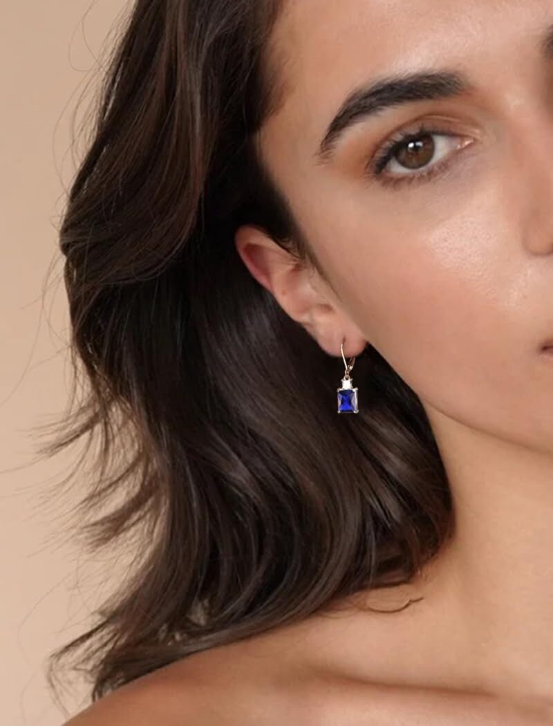 Starchenie Princess/Emerald Brilliant Cut Birthstone September Sapphire Earrings for Women Dangle Earrings Sterling Silver Leverback Earrings Birthday Anniversary Jewelry Gift