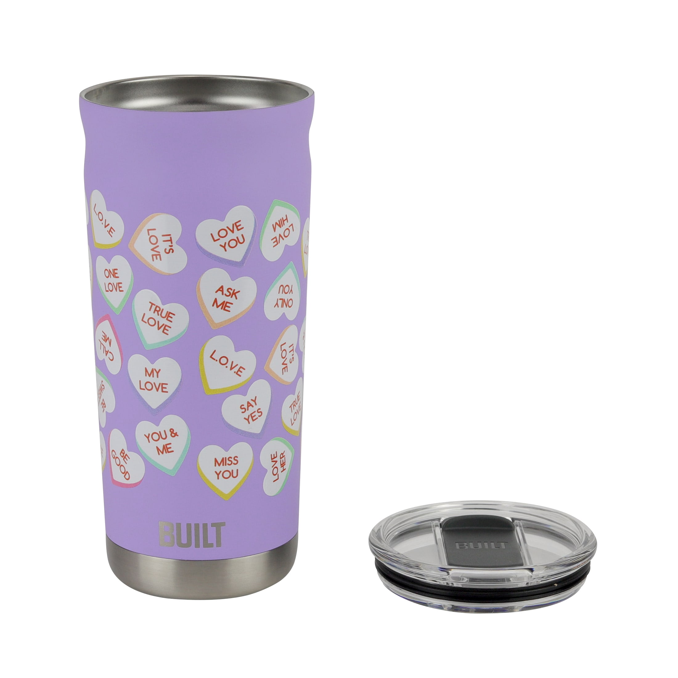 BUILT Torrent Valentine's Day 20 oz Insulated Stainless Steel Tumbler Lavender Conversation Hearts