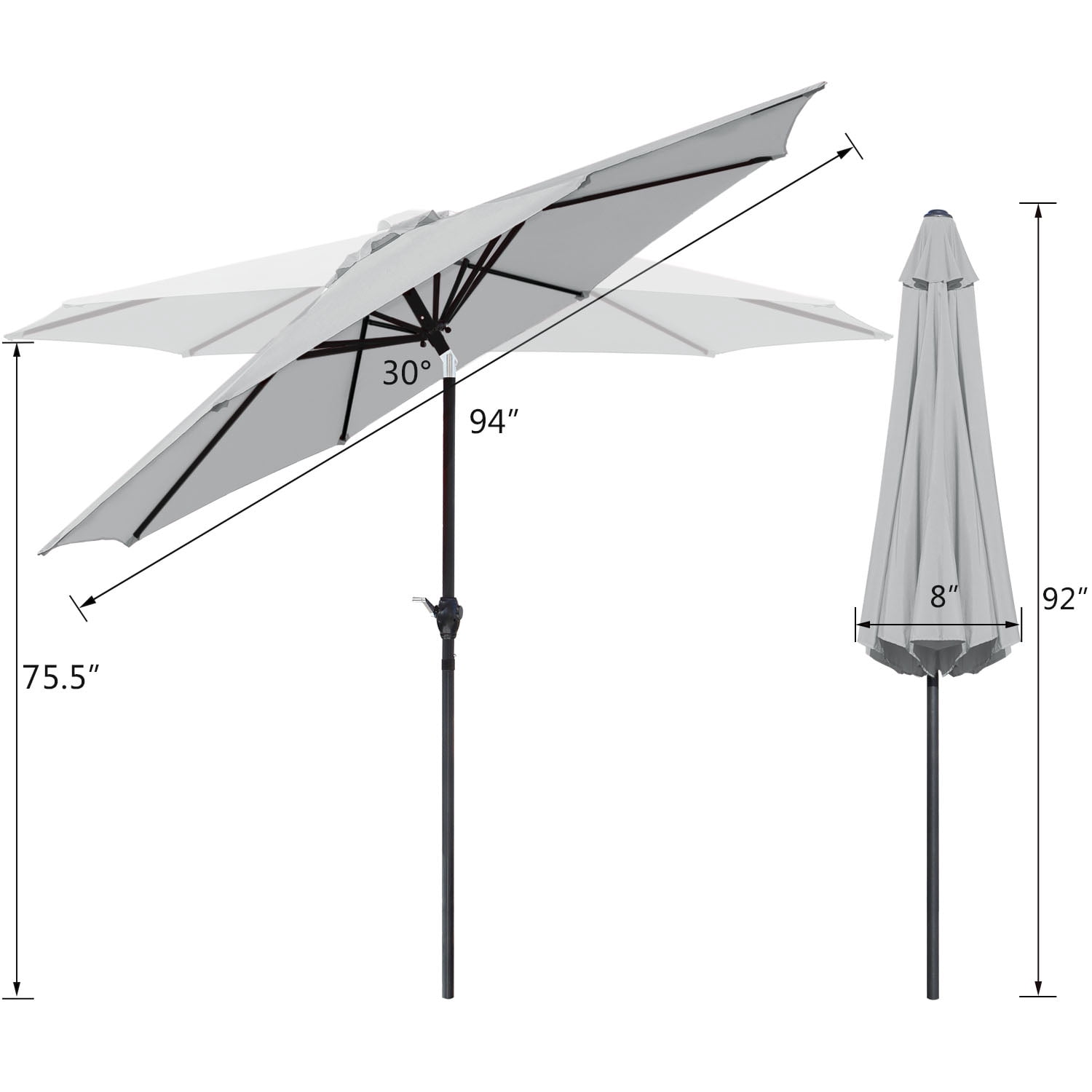 Lacoo 9' Grey Patio Umbrella Outdoor Market Table Umbrella with Push Button Tilt, 8 Sturdy Ribs
