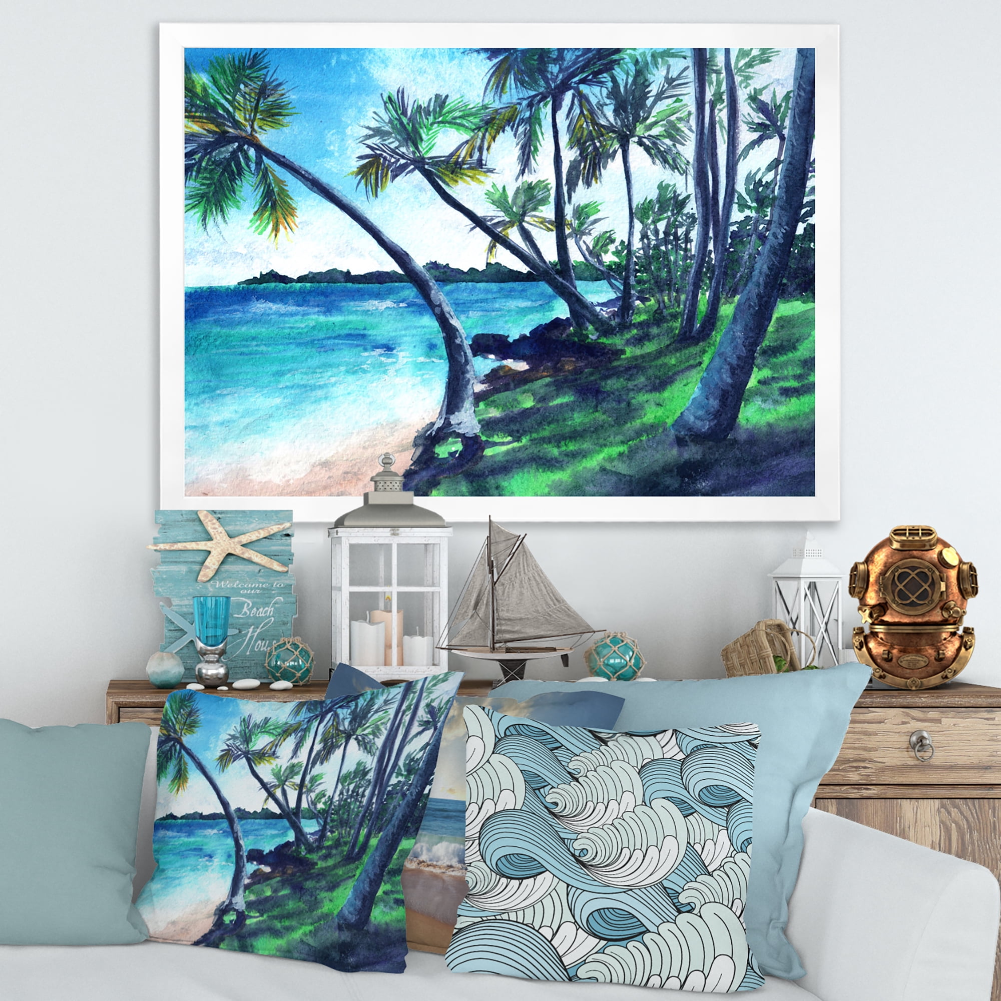 Designart 'Tropical Beach In Summer Paradise With Palm Trees' Nautical & Coastal Framed Art Print