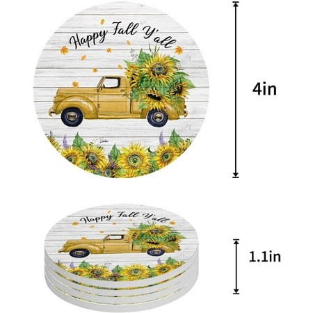 

KXMDXA Autumn Farm Truck with Sunflowers Retro Wood Grain Set of 8 Round Coaster for Drinks Absorbent Ceramic Stone Coasters Cup Mat with Cork Base for Home Kitchen Room Coffee Table Bar Decor