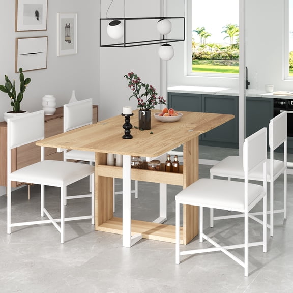 Harper & Bright Designs Compact Extendable Dining Table Set for 4, Modern Foldable Square Kitchen Table Set with Storage Rack and 4 PU Leather Upholstered Dining Chairs for Small Places, White