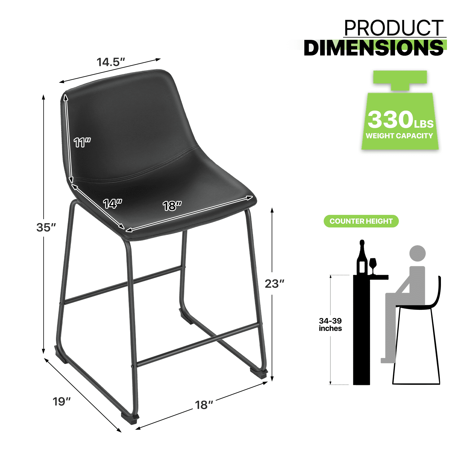 Magshion Modern Barstools Set of 4, PU Leather Counter Height Bar Stools, Dining Pub Chairs with Padded Bucket Seat, Black