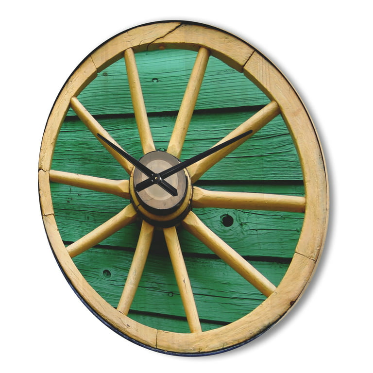 Designart 'Vintage Wagon Wheel on Turquoise Wood ' Farmhouse Wood Wall Clock