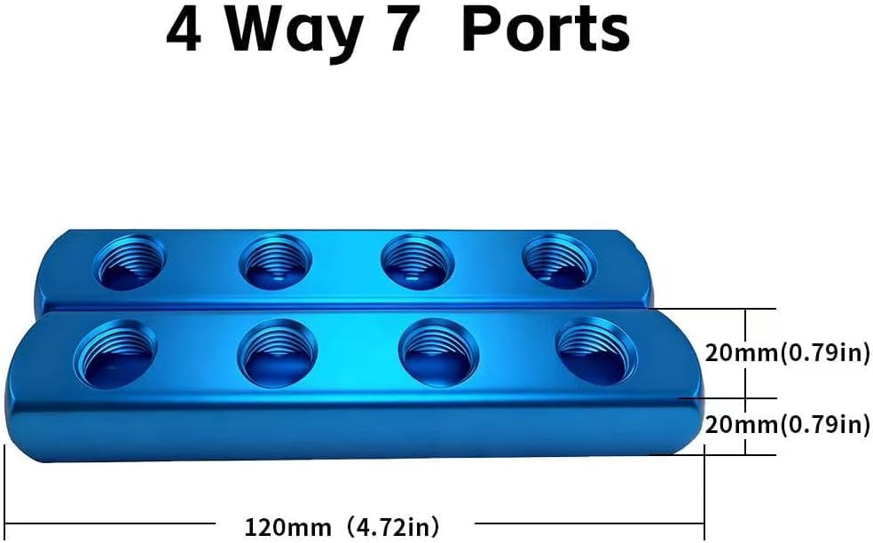 MKEUDQ-2PCS 1/4" 4 Way 7 Port Hose Inline Manifold Block Splitter, Pneumatic Air Compressor Manifold, Aluminum Air Distribution Manifold,Blue (4 Way 7 Port)