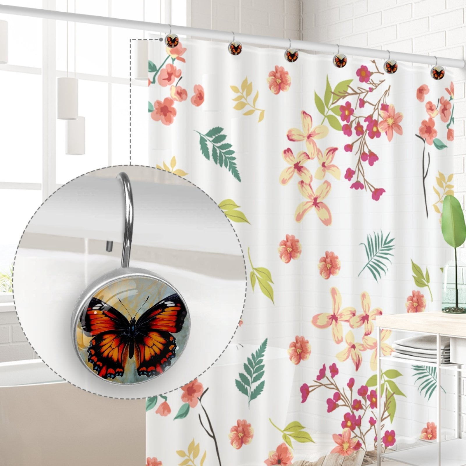 HemaKayy 12 Pcs Decorative Shower Curtain Hooks - Rust Proof, Anti-Rust, Durable, and Easy to Install | Elegant Home, Kitchen, Bathroom Accessories - Orange Black Butterfly Marble Texture