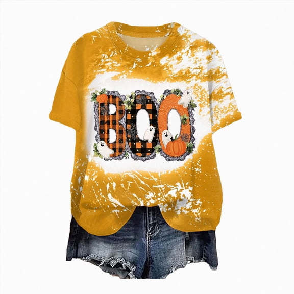 COMVALUE Plus Size It's Fall Y'all T-Shirt Women Halloween Bleached Shirt Leopard Plaid Pumpkin Graphic Tees Casual Fall Tops Yellow 3XL