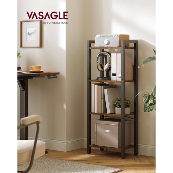 4-Tier Tall Bookshelf, Narrow Bookcase, Skinny Book Shelf for Living Room, Home Office, Study, 9.4 x 15.7 x 42.1 Inches, Rustic Brown and Black