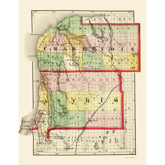 Historic County Map - Charlevoix Antrim Counties Michigan - Walling 1873 - 23 x 29.69 - Vintage Wall Art