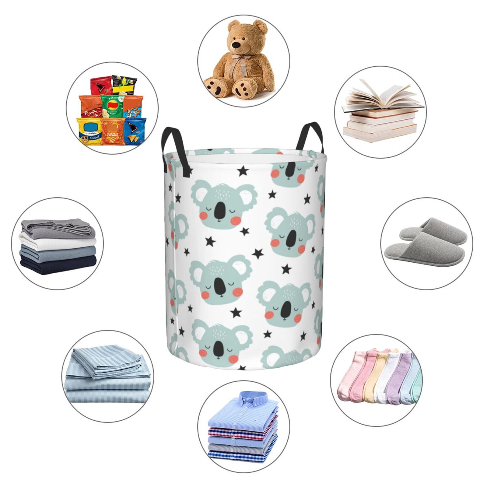 Large Laundry Basket with Handles - Green Koala Black Star Kids Baby Dirty Clothes Laundry Hamper for Bedroom Aesthetic