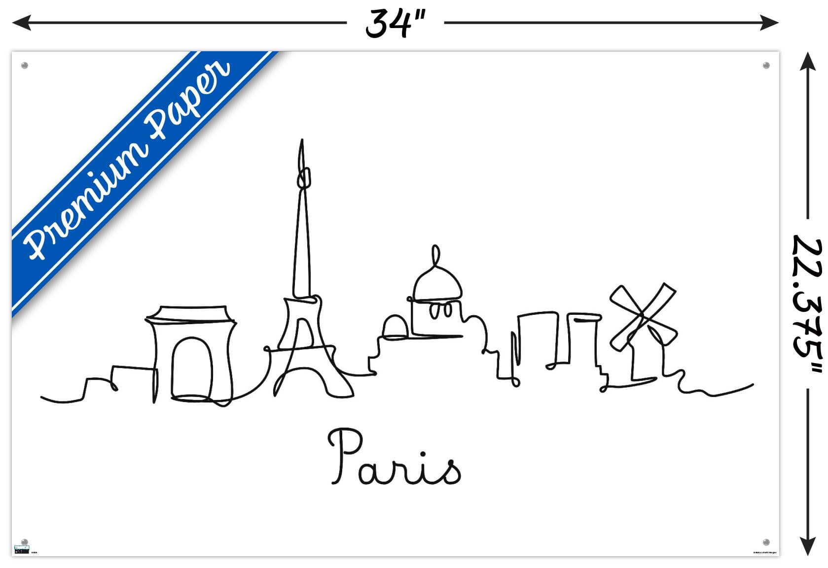 Line Art Skyline - Paris Wall Poster with Pushpins, 22.375" x 34"