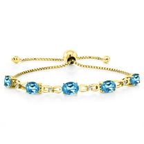 18K Yellow Gold Plated Silver Swiss Blue Topaz and White Lab Grown Diamond Tennis Bracelet for Women (5.00 Cttw, Gemstone November Birthstone, Oval 7x5MM, Fully Adjustable up to 9 inch)