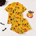 thumbnail image 4 of CUZIBR Girls Outfits Sets Halloween Pumpkin Bat Cat Print Lapel Button Short Sleeve Pajama Top Matching Shorts Two Piece Kids Sleepwear Set,Yellow,5-6 Years, 4 of 9