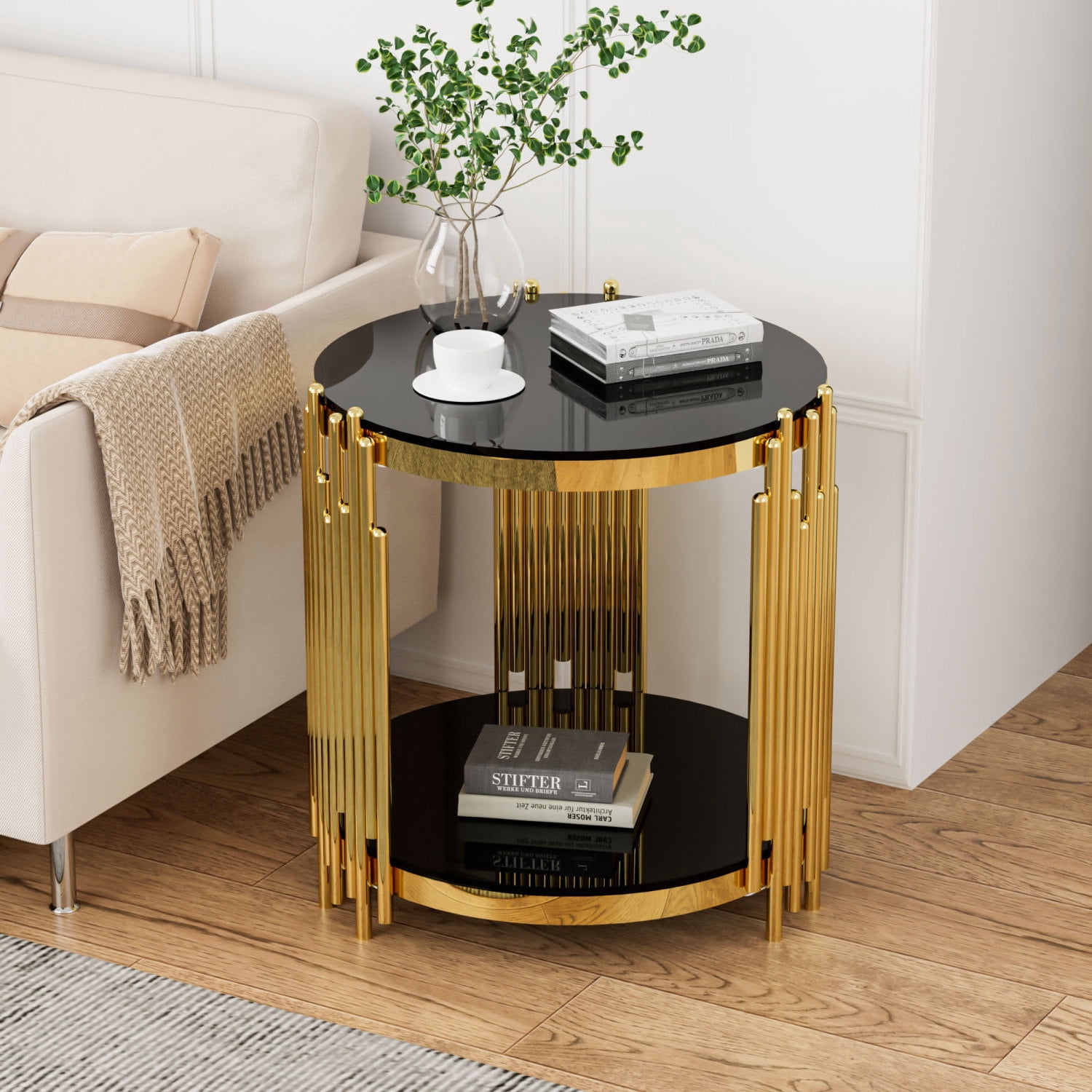 Round Coffee Tables Set of 3, Holaki 35.4" Modern Tempered Glass Coffee Table & 2 End Table with Stainless Steel Irregular Legs, Round Glass Table Set for Living Room
