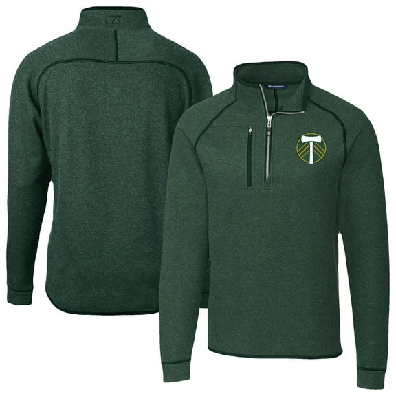 Men's-Cutter & Buck  Heather Green Portland Timbers Mainsail Sweater-Knit Half-Zip Raglan Jacket