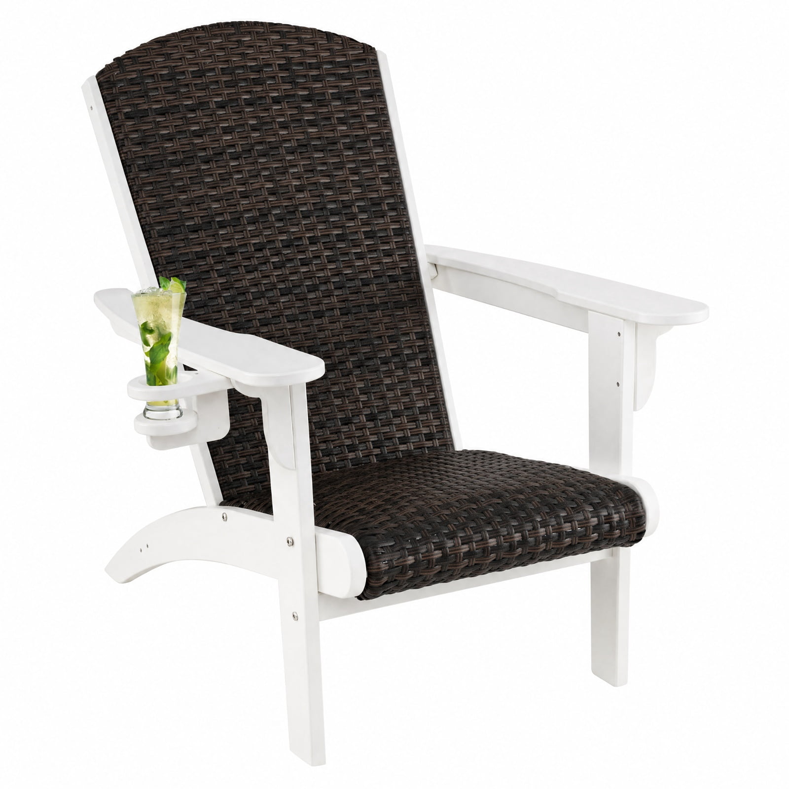 Furnibear Patio Adirondack Chair with Rattan Padded Seat HDPE Frame Wide Armrests and Hidden Cupholder for Backyard and Poolside, White