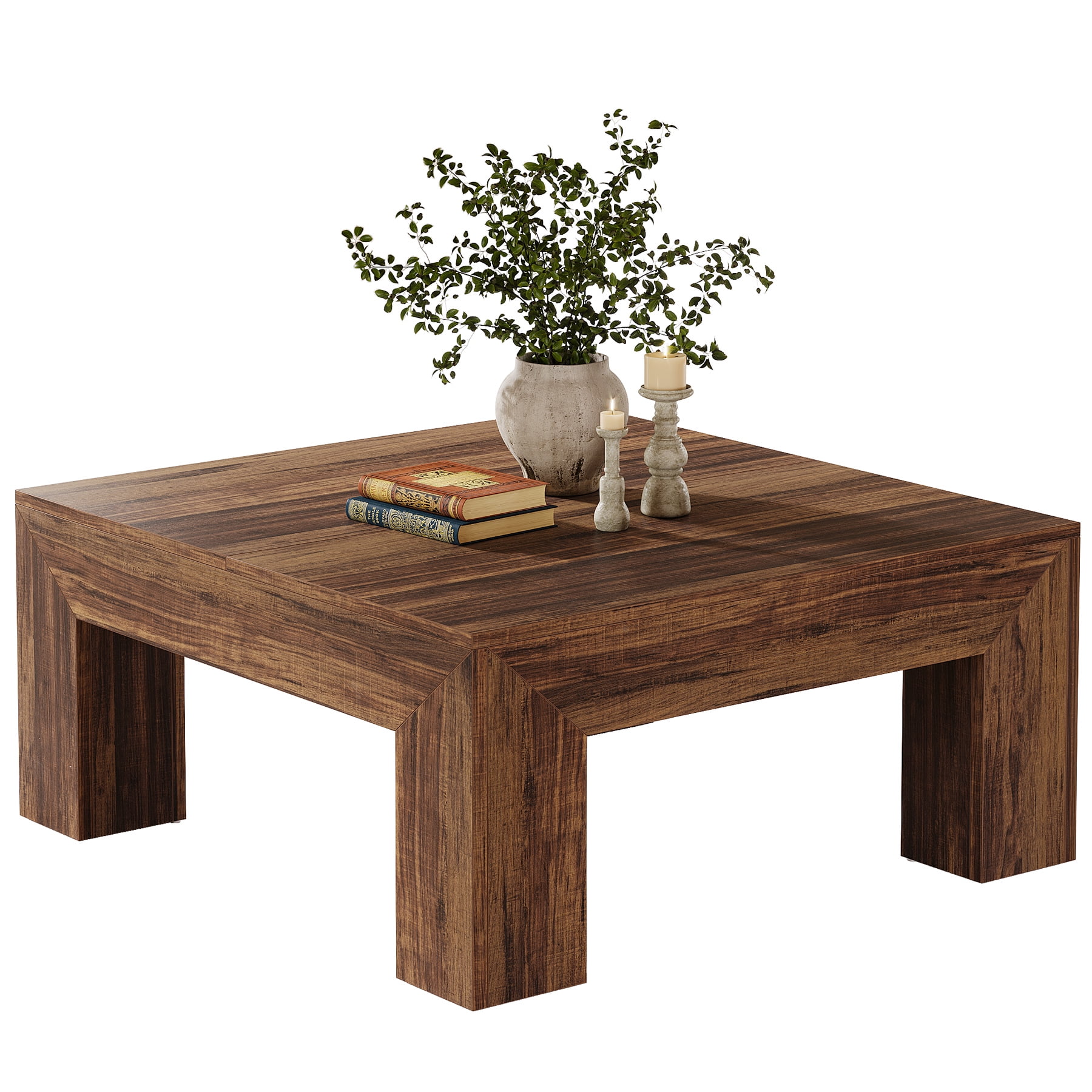 Fnova 39.4" Square Coffee Table, Farmhouse Wood Accent Center Cocktail Table with Sturdy Wooden Legs for Living Room, Easy Assembly