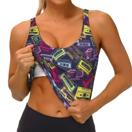 Qokaie Retro Cassette Music Pattern Womens Scoop Neck Sports Bra Breathable Workout Vest Padded U Back Medium Impact Fitness Gym Yoga Bra Workout Crop Top