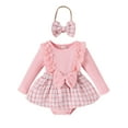 thumbnail image 1 of Infant Girl Rompers Dress Lace Ruffles Rib Knit Houndstooth Skirt Hem Jumpsuits with Headband, 1 of 9