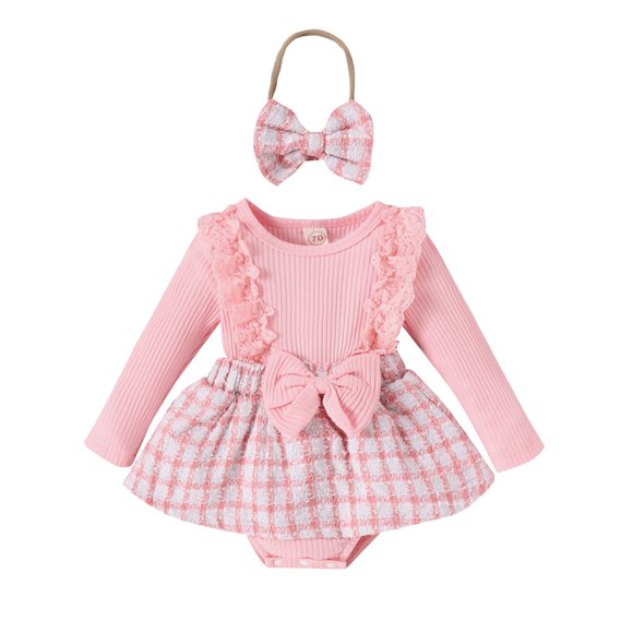 Infant Girl Rompers Dress Lace Ruffles Rib Knit Houndstooth Skirt Hem Jumpsuits with Headband