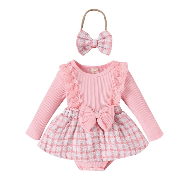 Infant Girl Rompers Dress Lace Ruffles Rib Knit Houndstooth Skirt Hem Jumpsuits with Headband