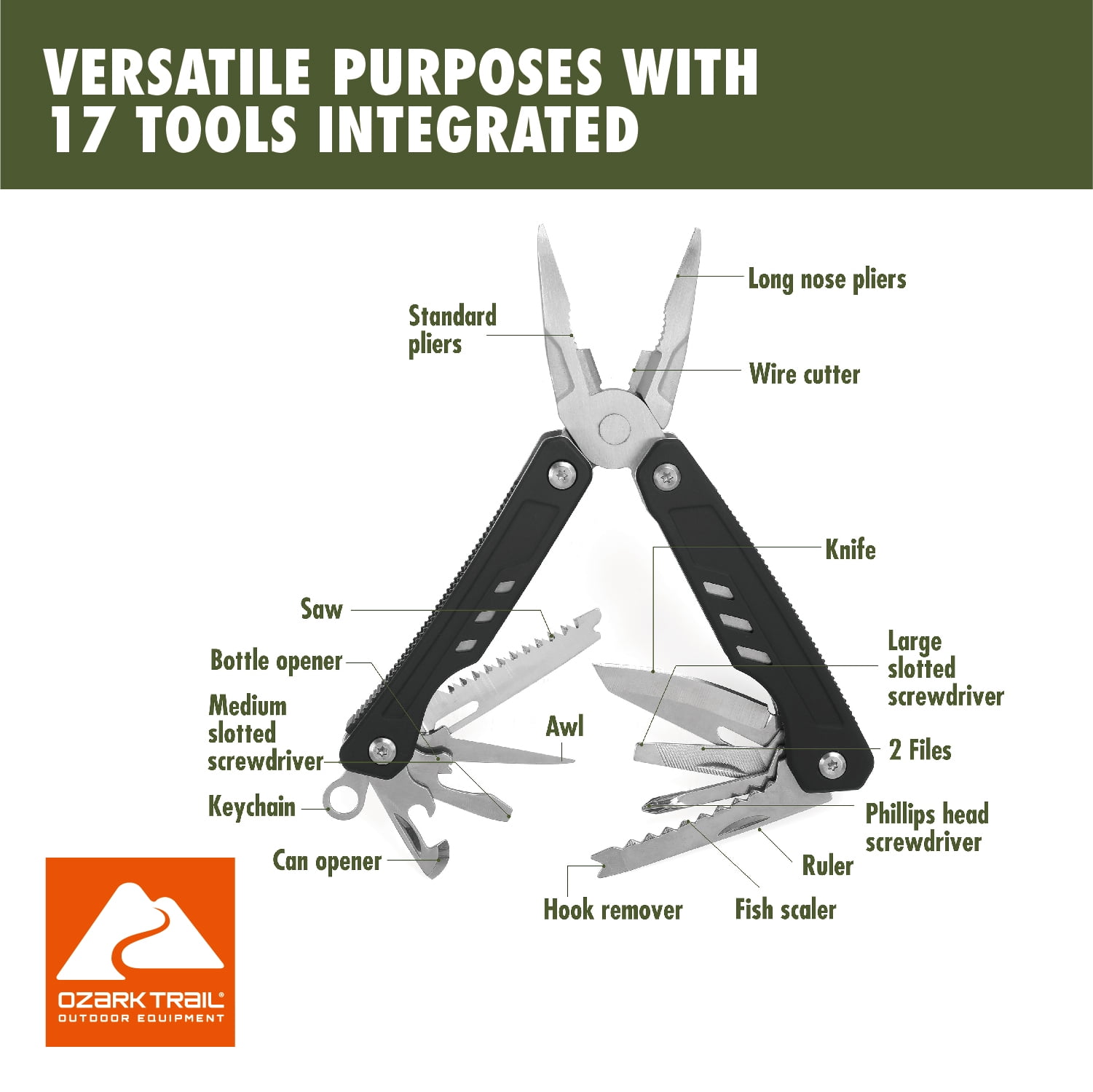 Ozark Trail Multi Tool 17-in-1 Stainless Steel Black with Pliers