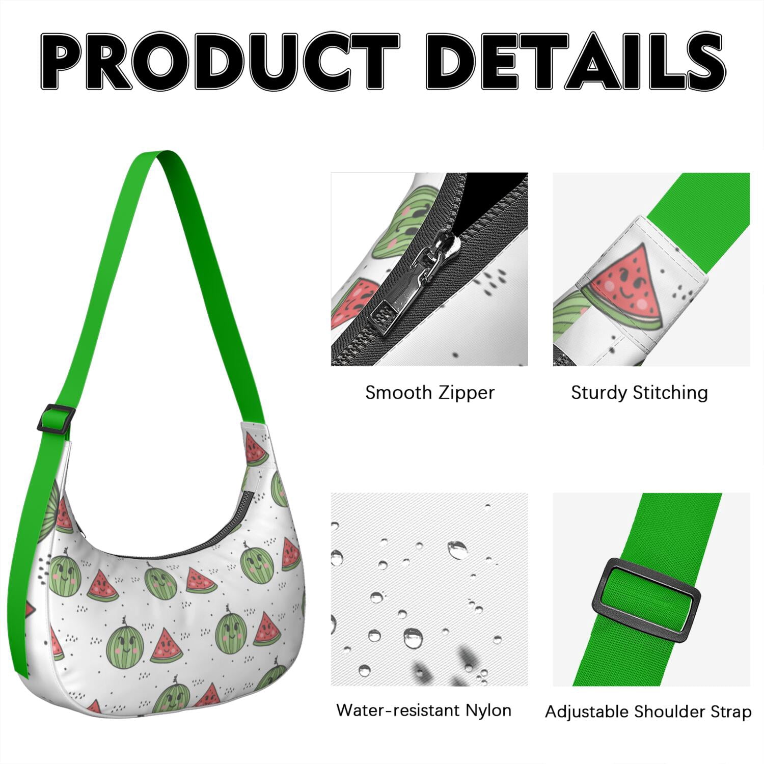 Watermelon Lovers Cute Print Hobo Purse for Women, Summer Fruit Crossbody Tote, Lightweight Water-Resistant Shoulder Bag, Tropical Sunshine Beach Design