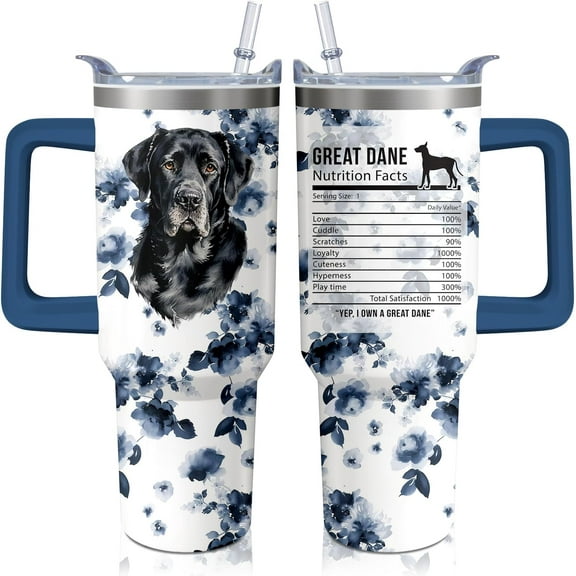 40oz Great Dane Tumbler with Handle and Straw, Cute Dog Stainless Steel Insulated Cup with Lid and Straw, Travel Coffee Mug Water Bottle, Birthday Mothers Day Gifts for Women Men Animal Lovers