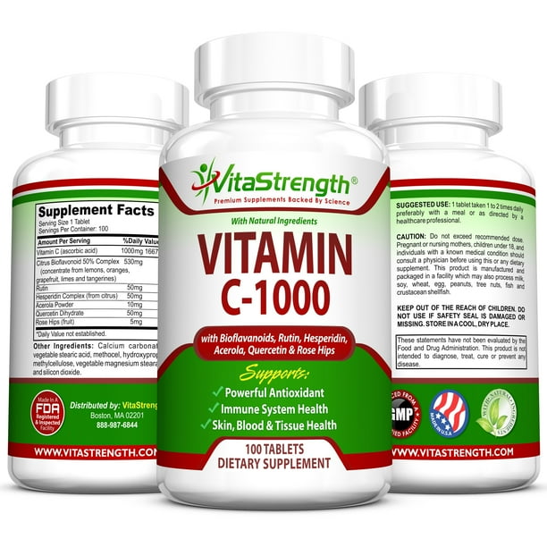Vitastrength Vitamin C 1000 Complete Complex With Bioflavonoids Rutin Aceroia Hesperidin Quercetin And Rose Tips 1000 Milligrams Powerful Antioxidant Immune System Health 100 Tablets Walmart Com