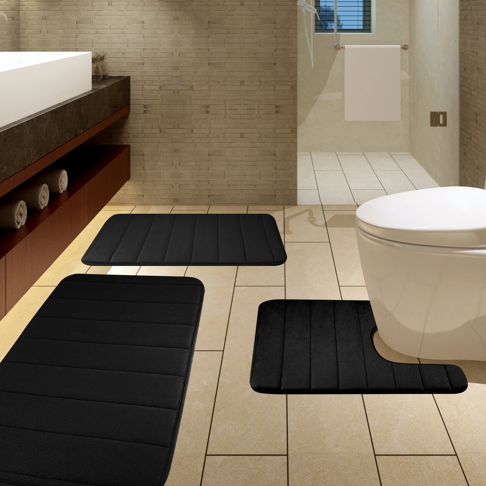 3 Piece Memory Foam Bath Mat Set with U-Shaped Toilet Mat Bathroom Rugs Soft Comfortable Water Absorption Bath Carpet Non-Slip Thick Machine Washable for Kitchen/Living Room(Black)