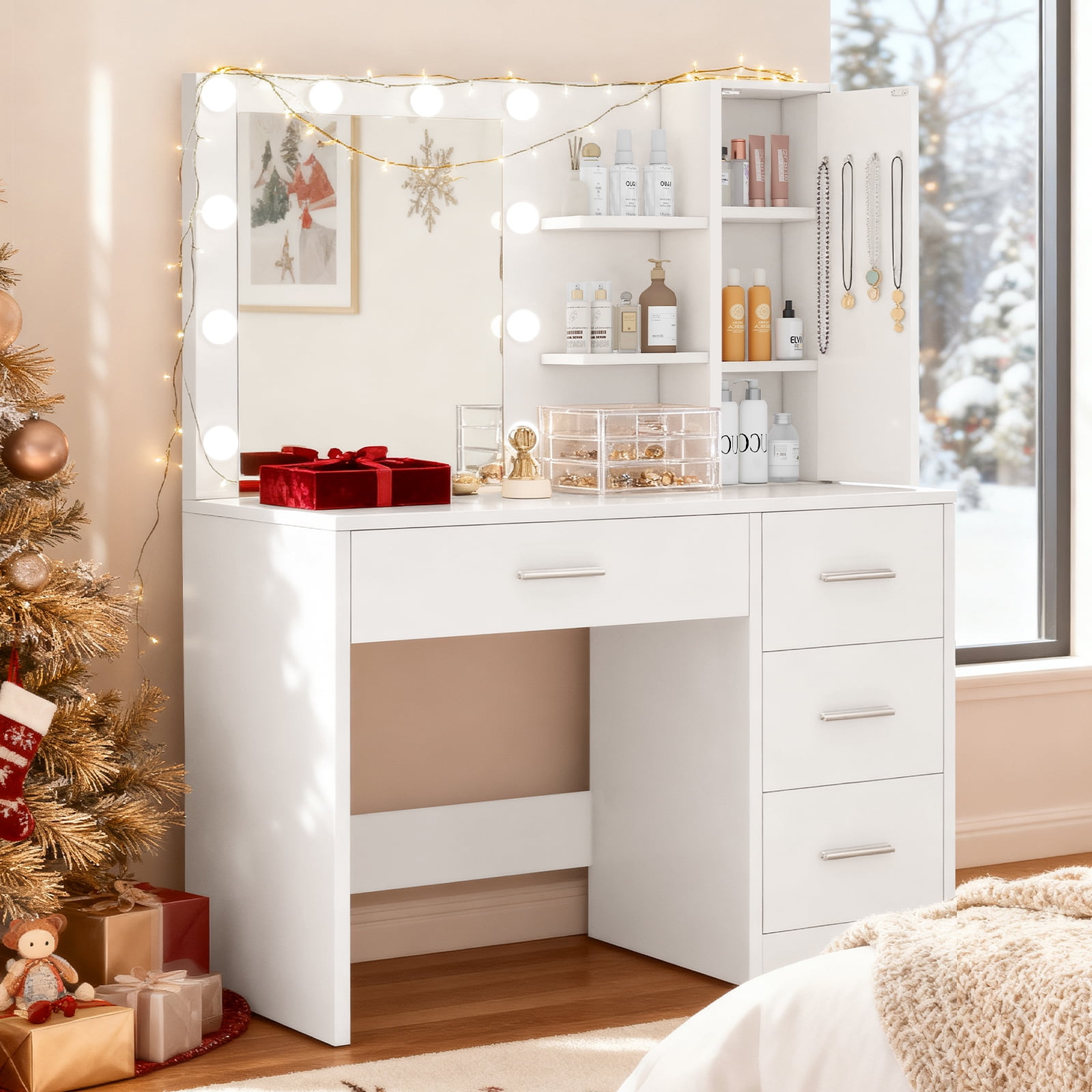 SunsGrove Farmhouse Vanity Desk Set With Hollywood Mirror & Lights, 2 Drawers & 2 Cabinets, Includes Stool (White) - View #10