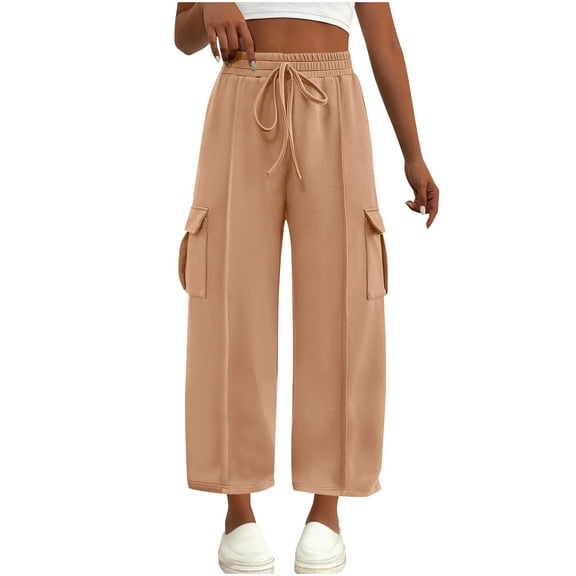 FRSASU Wide Leg Pants Woman with Pockets High Waist Pant Adjustable Knot Loose Trousers Business Casual Work Pants Beige