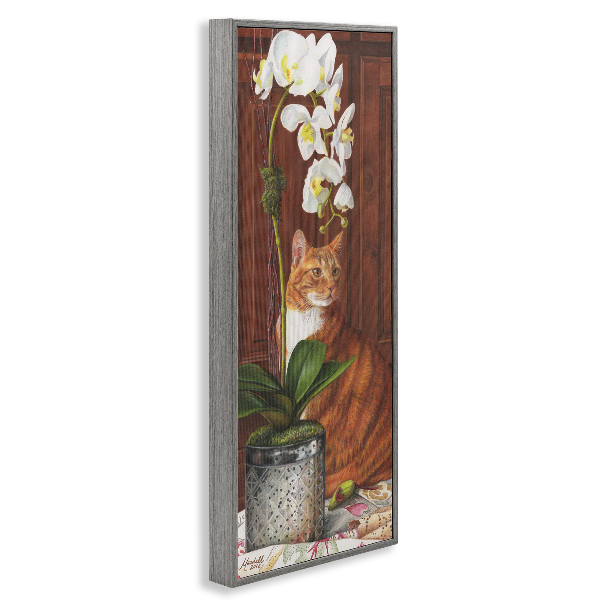 Stupell Industries Cat & Orchid Flower Animals & Insects Painting Gray Framed Art Print Wall Art, 13 x 30
