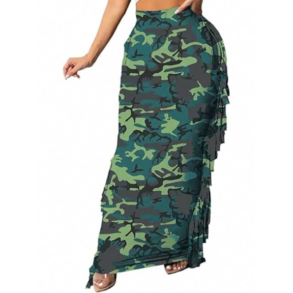 Green Camo Print Side Fringe Maxi Skirt Casual Bodycon Fit