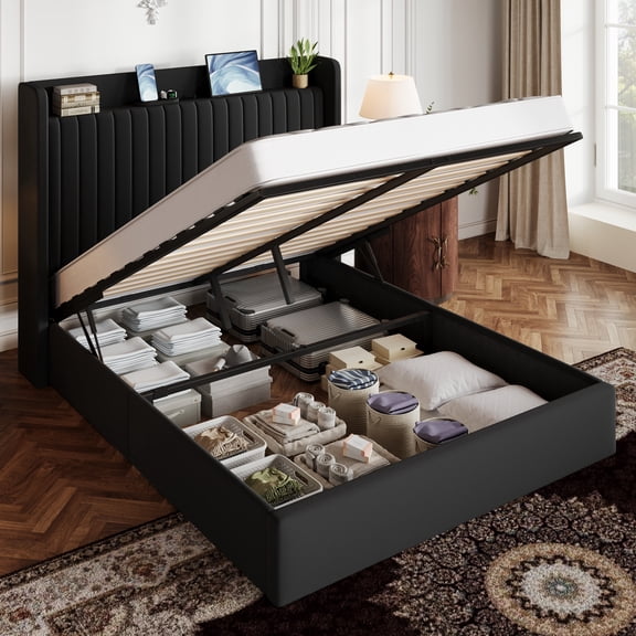 Amolife Queen Size Lift Up Storage Platform Bed Frame with Velvet Built-in Charging Station Wingback Headboard, Black