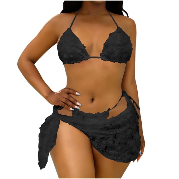 MGDXOX Women's 3 Piece Swimsuit Floral Tie Halter Bikini Set Beach Vacation Bathing Suit with Cover Up Skirt Black S