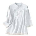 thumbnail image 2 of thefmos Women's Mandarin Collar Embroidered Blouse 3/4 Sleeve Solid Color Casual Top Trendy Spring Fall Outfit, White M, 2 of 6