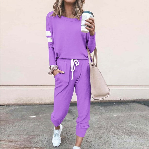 Puntoco Traje Casual Con Cordón Y Cuello Redondo De Manga Larga Con Estampado Suelto A La Moda Para Mujer Púrpura Xxxxxl