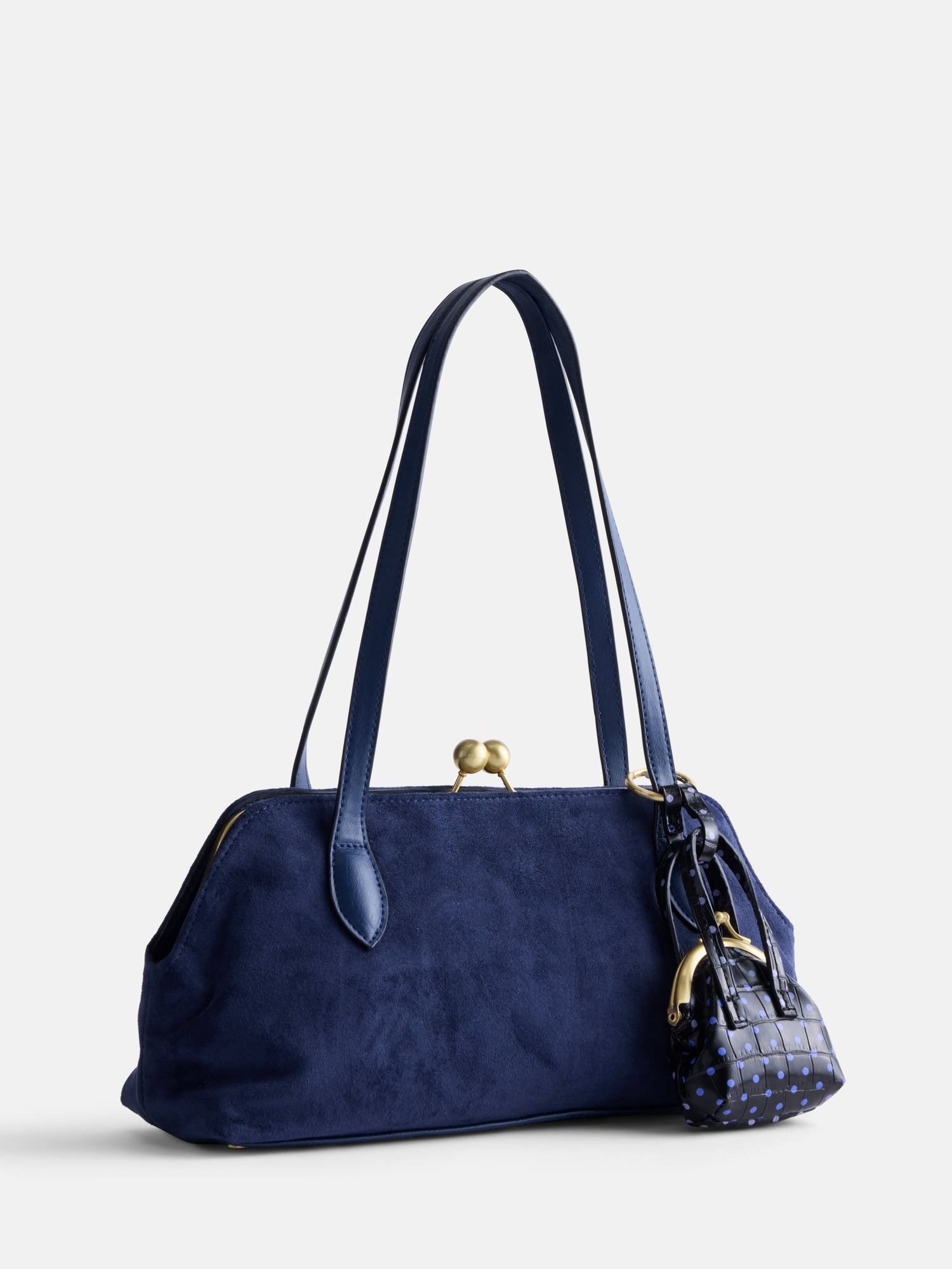 Free Assembly Women's Faux Suede Shoulder Bag with Mini Bag Charm, Navy Water