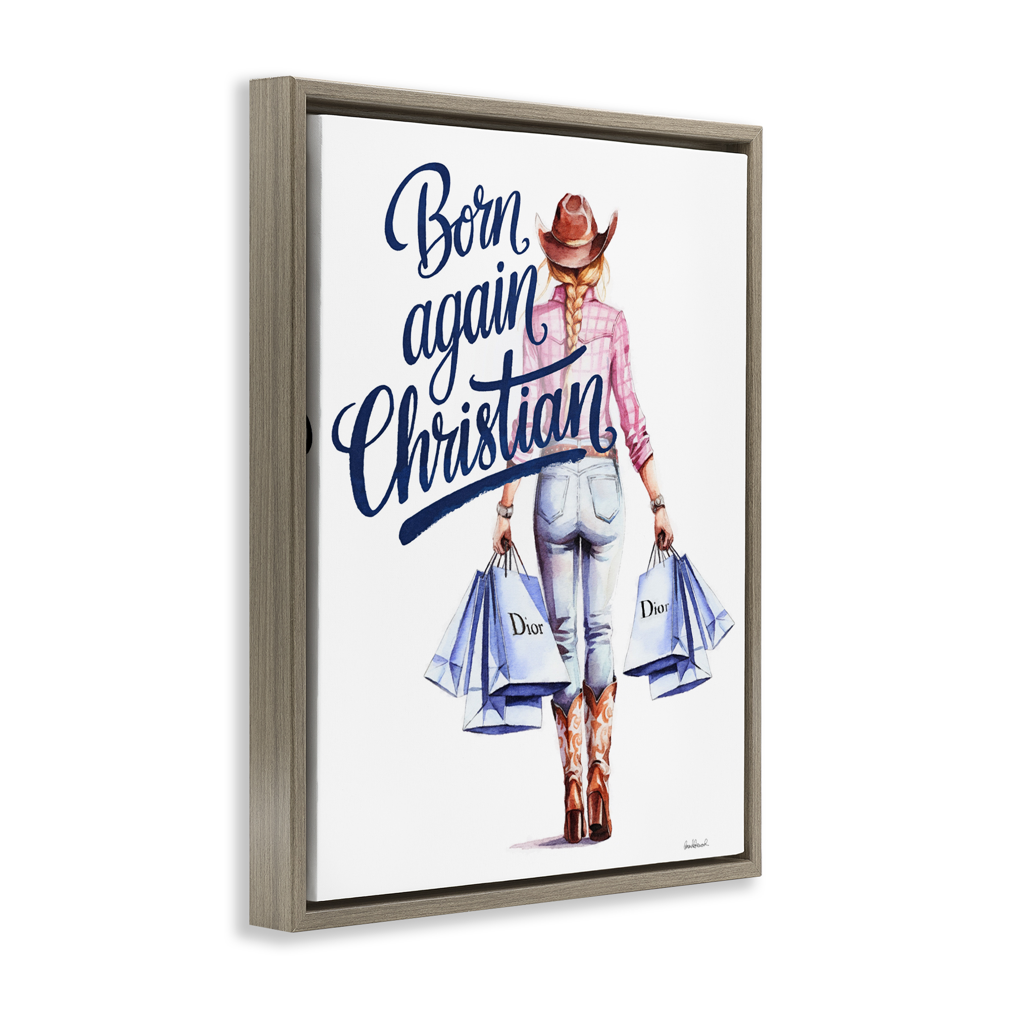 Born Again Christian Cowgirl Brown Framed Floater Canvas Wall Art, design by Amanda Greenwood