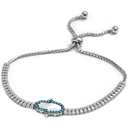 Pori Jewelers Clear and Blue CZ Sterling Silver Hamsa Friendship Bolo Adjustable Bracelet