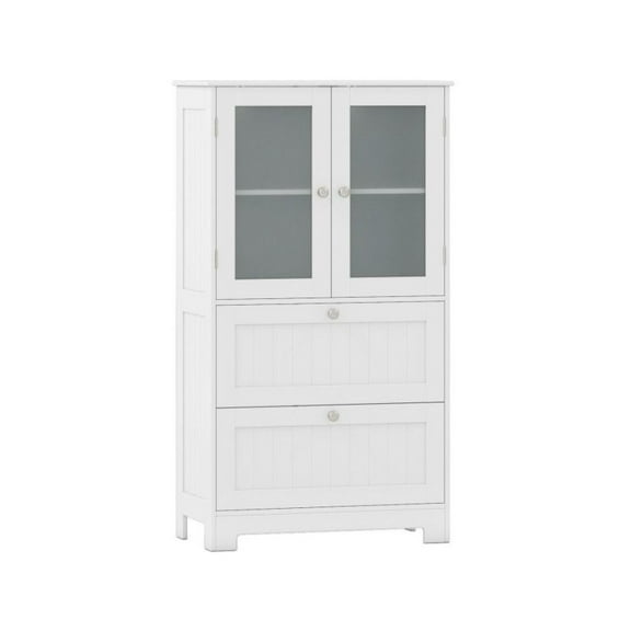 FASCK Bathroom Floor Storage Cabinet with 2 Drawers & 2 Frosted Glass Doors, Freestanding Cupboard Pantry Organizer, Adjustable Shelves for Bathroom/Toilet