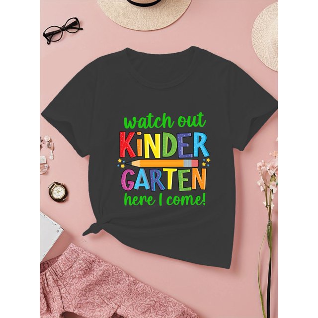 T-Shirt à Manches Courtes pour Filles "Watch Out Kindergarten Here I Come" - Haut Décontracté à Col Rond Confortable et Respirant - T-Shirts de Sortie à la Mode et Polyvalents