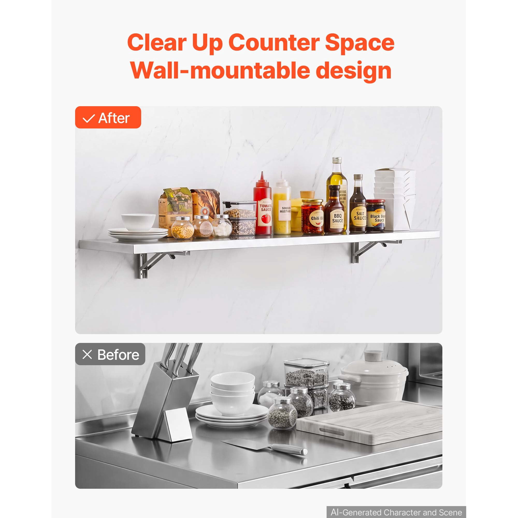 KFFKFF Stainless Steel Foldable Wall Shelf 12" x 72", Durable Commercial Shelving with Brackets, 300 lbs Load Capacity, Easy Maintenance, Ideal for Kitchens, Restaurants, and Garages