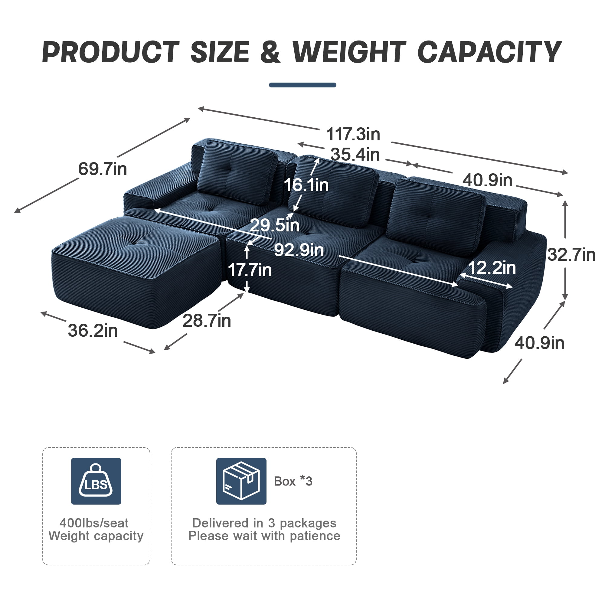 Aukfa 4-Piece 117" Modular Cloud Couch Sectional Sofa with Ottoman, L-Shaped Deep Seat Boneless Sofa Set for Living Room, Blue