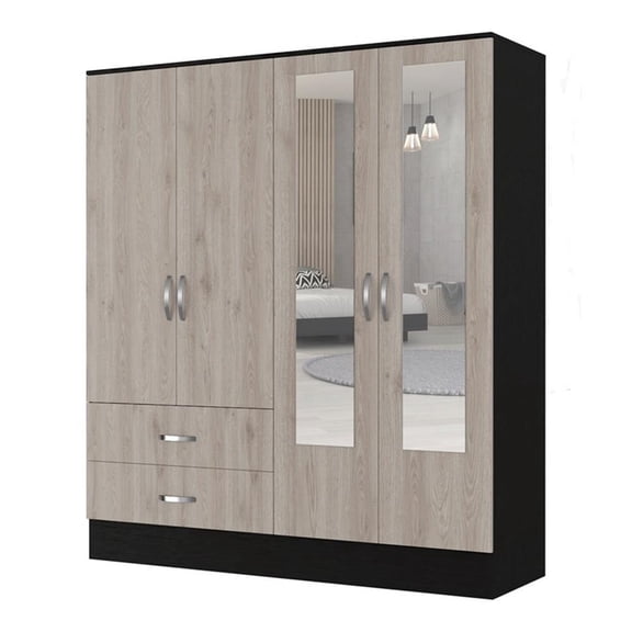 FM FURNITURE Florencia Mirrored Armoire Black Engineered Wood Wengue/Light Grey