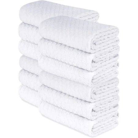 

[12 Pack] Kitchen Dish Hand Towels 100% Cotton Dobby Weave 410GSM Absorbent Terry Cleaning Cloth 15x26 White
