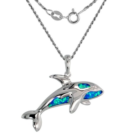 Sterling Silver Synthetic Opal Killer Whale Necklace for Women CZ Accent Hand Inlay 18 inch ROPH_25