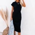 thumbnail image 2 of Pompotops Femme Col Rond à Manches Courtes Slim-Fit Fendue Robe de Bas de Poche, 2 of 9